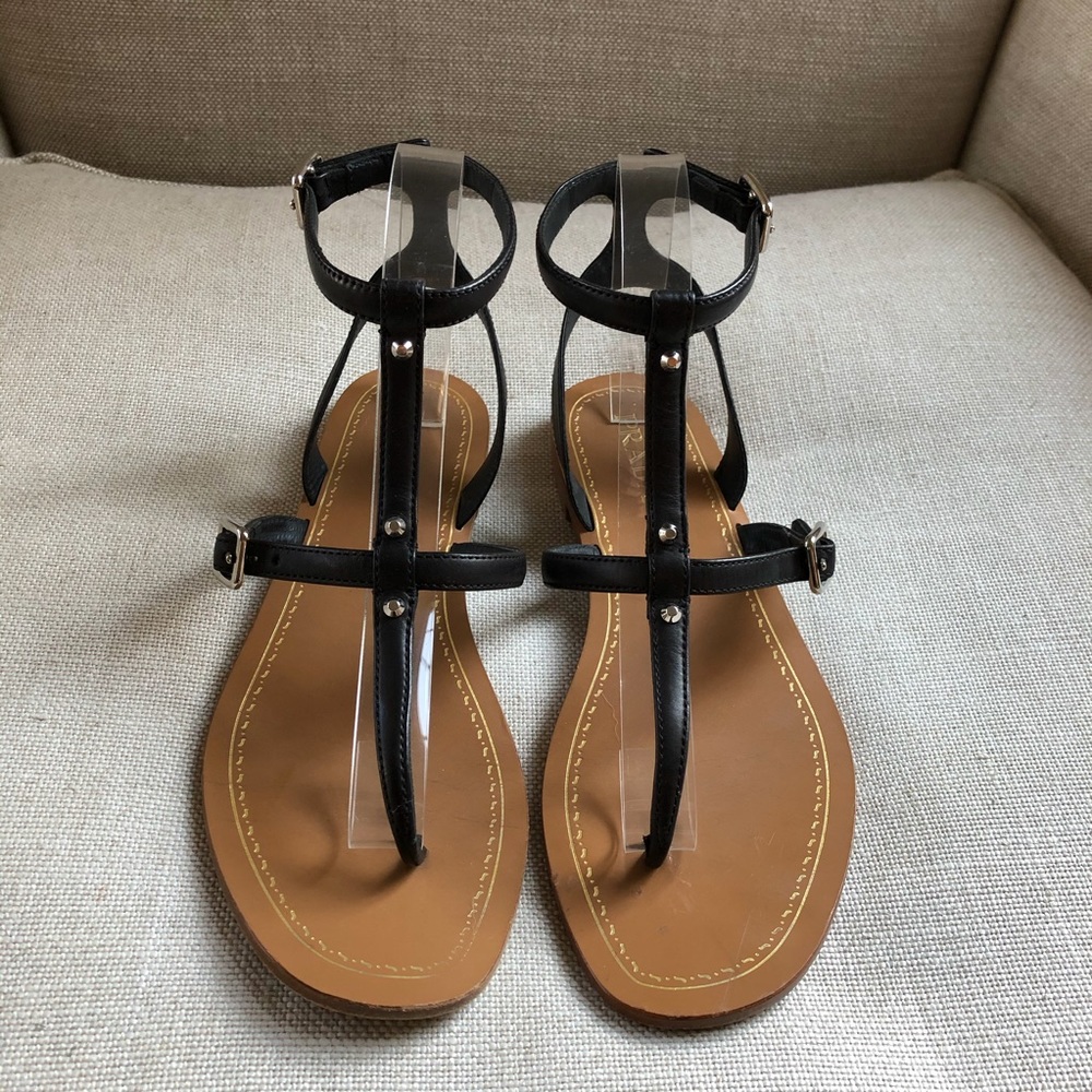 Prada Sandals Ankle Strap Black Buckle Studs Thong - Picture 4 of 8